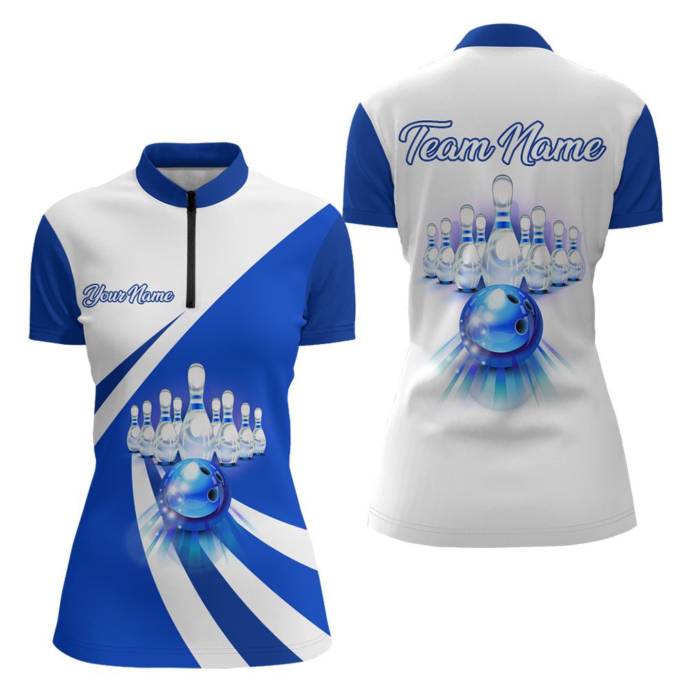 Personalisierte Bowling-Quarter-Zip-Shirt für Damen - Blaues Bowling-Trikot für Damen - Bowling-Team-Liga-Shirt D89 - Climcat