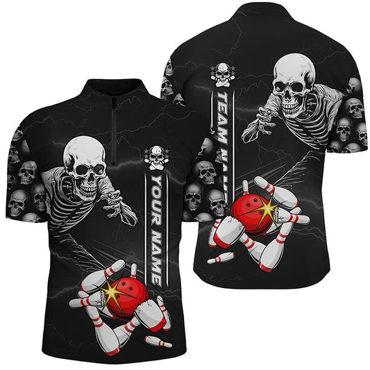 Personalisierte Bowling-Quarter-Zip-Shirt mit Totenkopfdesign für Damen und Herren - Halloween Skelett Team Bowling Shirt P5304 - Climcat