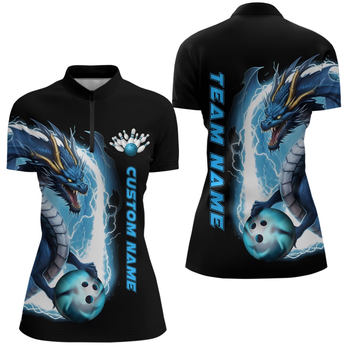 Personalisierte Bowling-Quarter-Zip-Shirts für Damen - Blauer Donner, Blitz und Drache - Bowling-Teamtrikots P5337 - Climcat