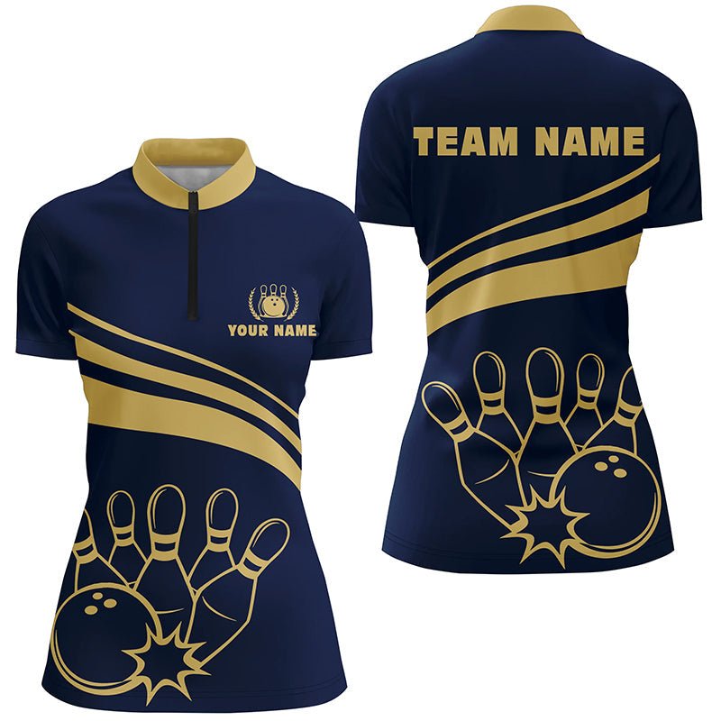 Personalisierte Bowling-Quarter-Zip-Shirts für Damen, goldene Damen-Bowling-Shirts für Team Bowl Jersey | Marineblau Q6707 - Climcat