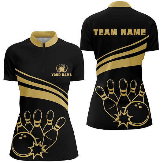 Personalisierte Bowling-Quarter-Zip-Shirts für Damen, goldene Damen-Bowling-Shirts für Team Bowl Jersey | Schwarz Q6708 - Climcat