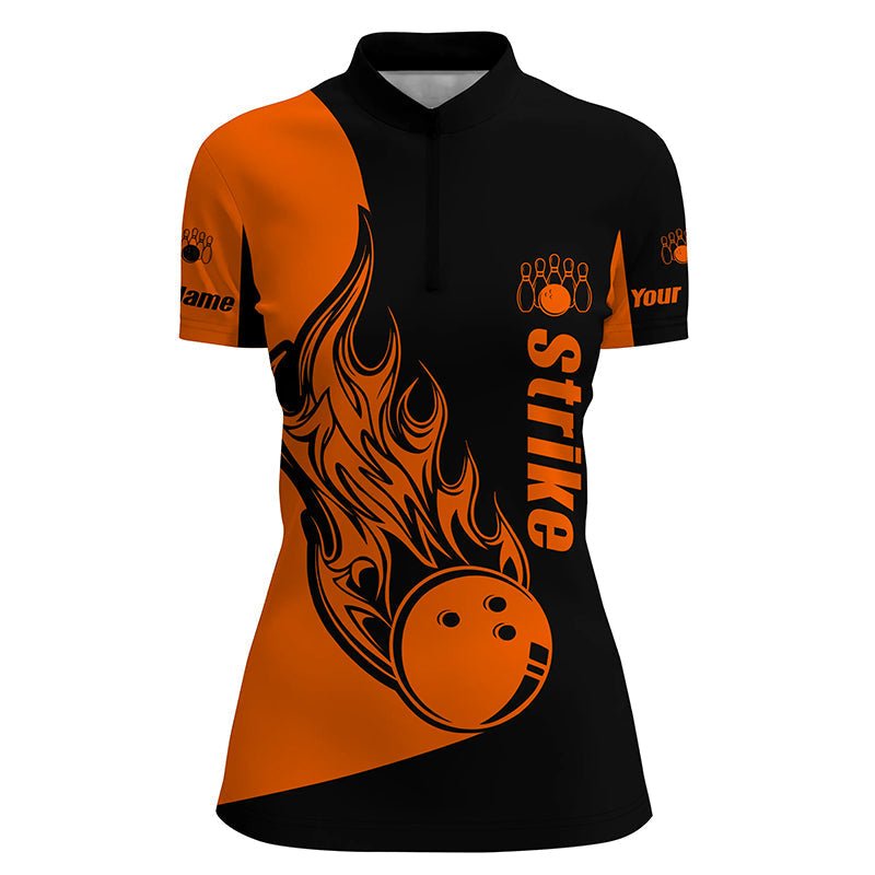 Personalisierte Bowling-Quarter-Zip-Shirts für Damen in Schwarz und Orange, Bowling-Teamshirts Bowling Strike Q5661 - Climcat