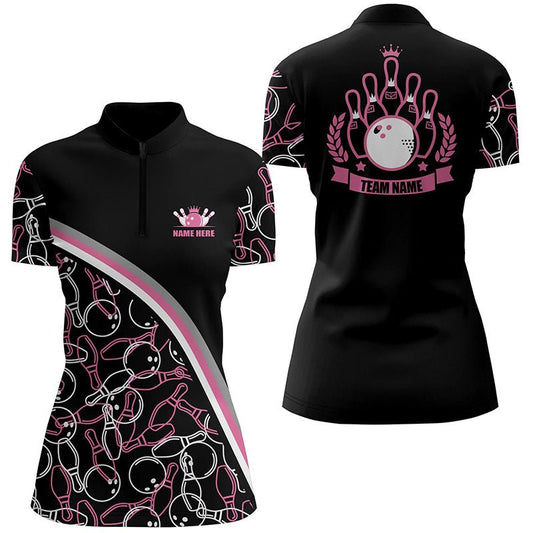 Personalisierte Bowling-Quarter-Zip-Shirts für Damen - Individueller Name - Pinkes Bowling-Muster - Teamshirts Q5441 - Climcat