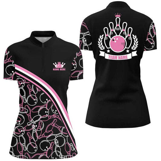 Personalisierte Bowling-Quarter-Zip-Shirts für Damen - Maßgeschneiderte rosa Bowling-Muster-Teamshirts Q4867 - Climcat