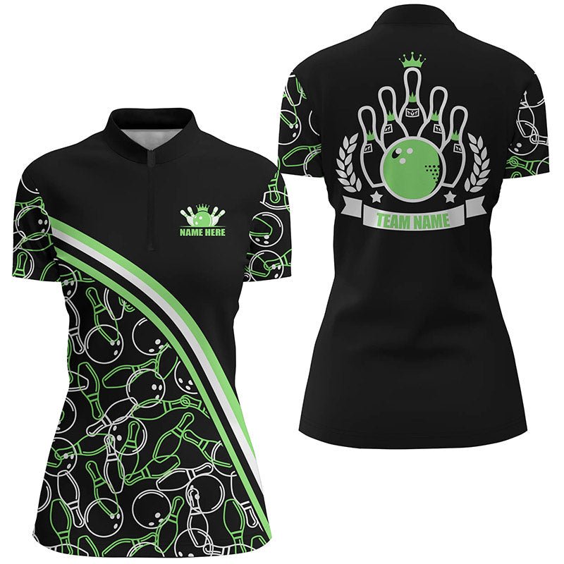 Personalisierte Bowling-Quarter-Zip-Shirts für Damen mit individuellem Namen, schwarz-grün, Bowling-Muster, Teamshirts Q6532 - Climcat