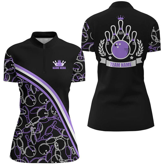 Personalisierte Bowling-Quarter-Zip-Shirts für Damen mit individuellem Namen, schwarz-lila Bowling-Muster, Teamshirts Q6531 - Climcat