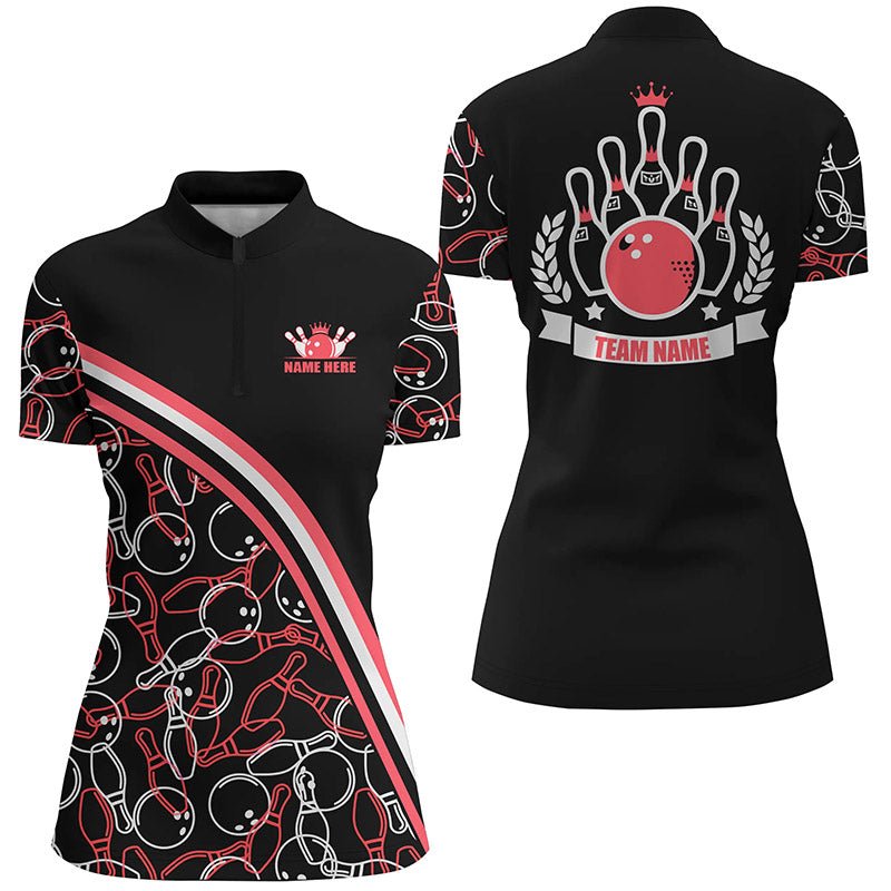 Personalisierte Bowling-Quarter-Zip-Shirts für Damen mit individuellem Namen, schwarz-rotes Bowling-Muster, Teamshirts Q6533 - Climcat