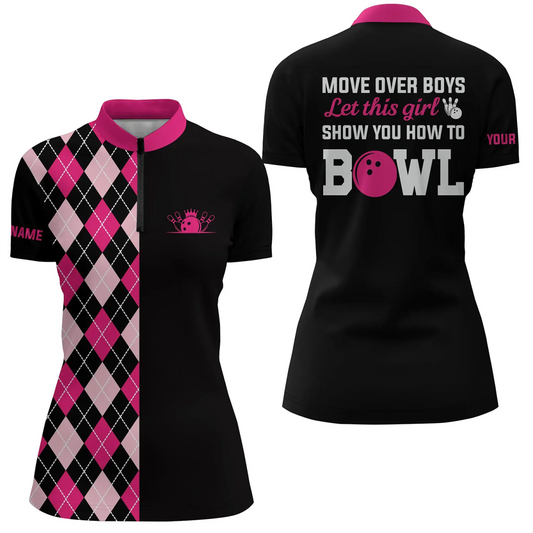 Personalisierte Bowling-Quarter-Zip-Shirts für Damen | Pink | Q4869 - Climcat