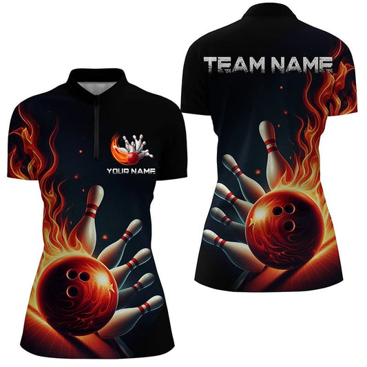 Personalisierte Bowling-Quarter-Zip-Shirts für Damen - Rote Flammen - Bowling-Teamtrikots - Strike Bowling P5405 - Climcat