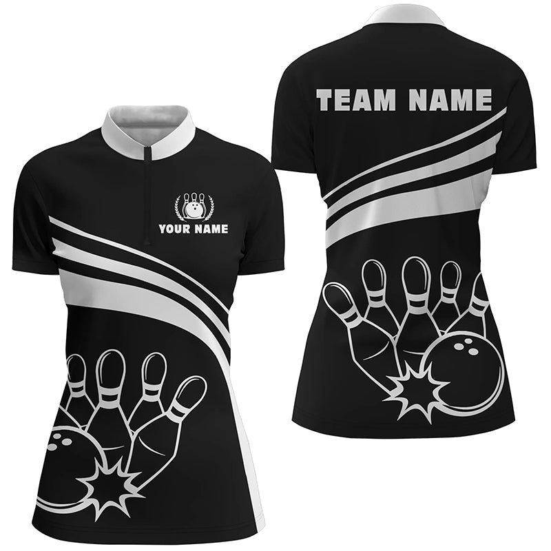 Personalisierte Bowling-Quarter-Zip-Shirts für Damen, schwarz-weiße Damen-Bowling-Shirts, Team-Bowl-Jersey Q6875 - Climcat