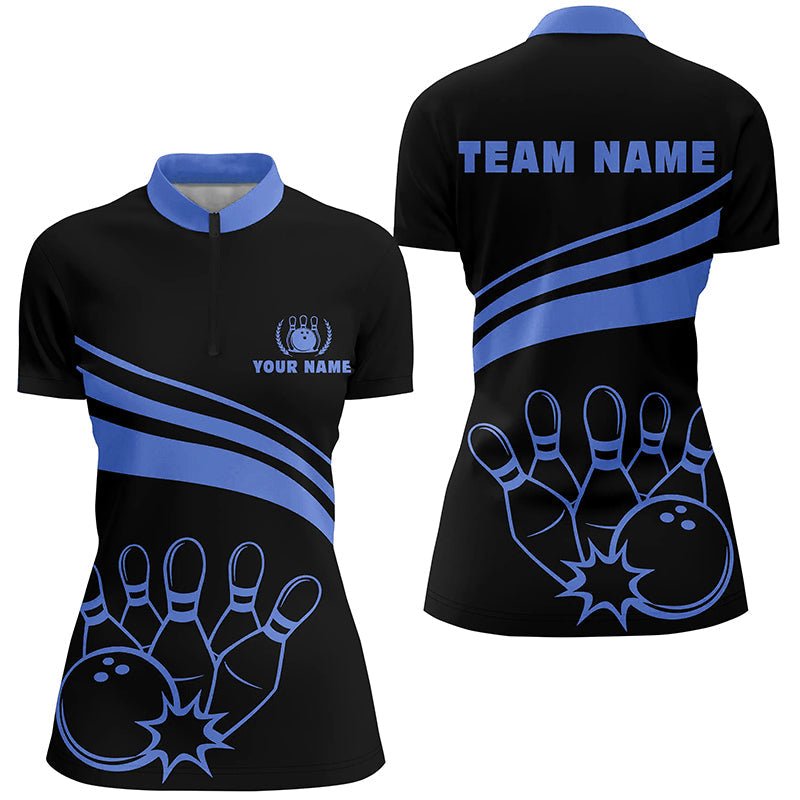 Personalisierte Bowling-Quarter-Zip-Shirts für Damen, schwarze Damen-Bowling-Shirts, Team-Bowl-Jersey | Blau Q6924 - Climcat