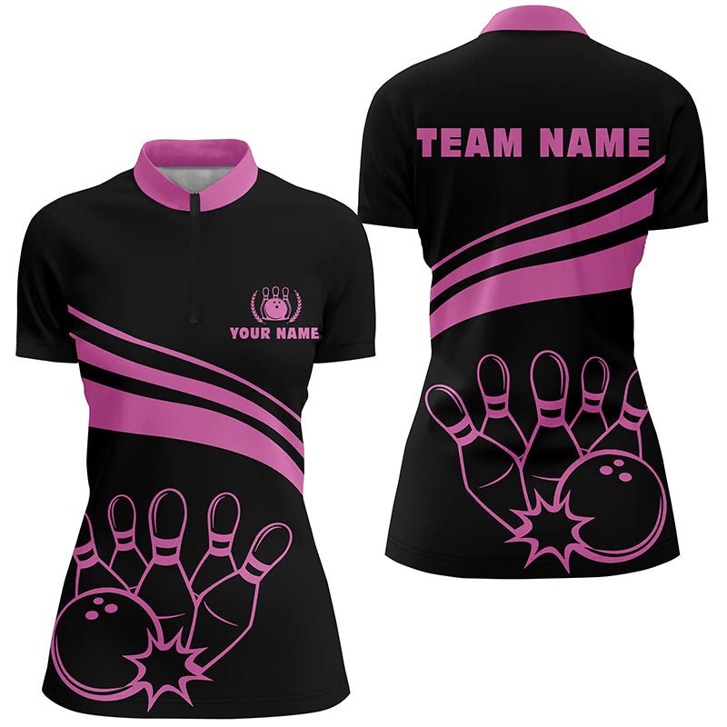 Personalisierte Bowling-Quarter-Zip-Shirts für Damen, schwarze Damen-Bowling-Shirts, Team-Bowl-Jersey | Pink Q6923 - Climcat