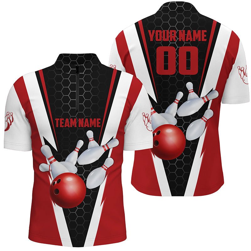 Personalisierte Bowling-Quarter-Zip-Shirts für Herren, Bowling-Teamtrikots mit Namen und Nummer, rot, P5280 - Climcat