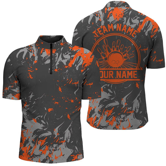 Personalisierte Bowling-Quarter-Zip-Shirts für Herren, Bowlingkugeln und Pins Bowling-Team-Shirts | Orange P5397 - Climcat