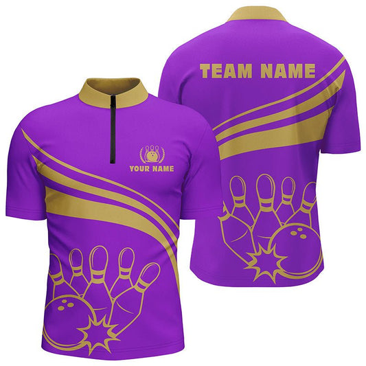 Personalisierte Bowling-Quarter-Zip-Shirts für Herren, individuelles Bowling-Shirt für Herren-Team-Bowl-Trikot | Lila - Climcat