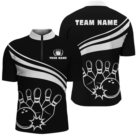 Personalisierte Bowling-Quarter-Zip-Shirts für Herren, individuelles schwarzes weißes Bowling-Shirt für Männer, Team-Bowl-Jersey Q6875 - Climcat