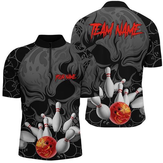 Personalisierte Bowling-Quarter-Zip-Shirts für Herren mit Flammen-Schädel-Design - Bowling-Teamtrikots für Männer - Halloween-Kostüme - P5366 - Climcat