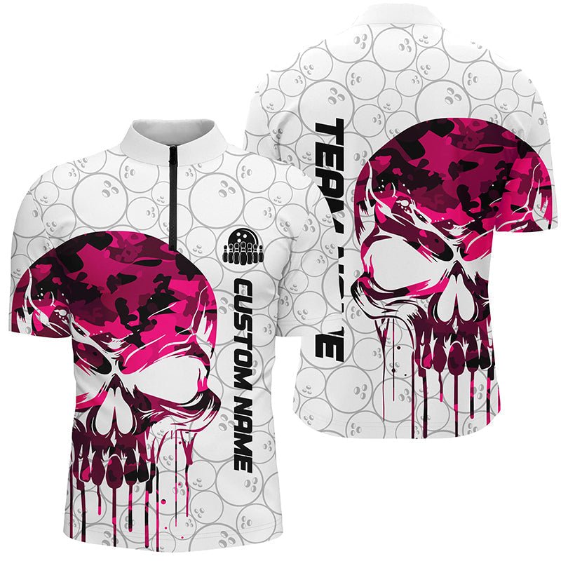 Personalisierte Bowling-Quarter-Zip-Shirts für Herren mit Pink Camo Skull Design - Individuelle Bowlingtrikots für Teams und Bowling-Ligen - P5328 - Climcat