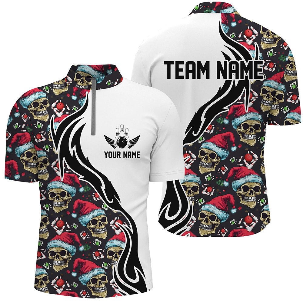 Personalisierte Bowling-Quarter-Zip-Shirts für Herren mit Weihnachtsmotiv - Skull Team Bowling Trikots - Bowling-Geschenke zu Weihnachten P5377 - Climcat
