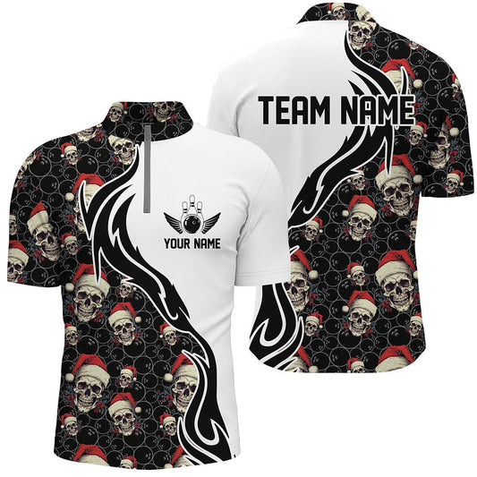 Personalisierte Bowling-Quarter-Zip-Shirts für Herren mit Weihnachtsmotiv - Skull Team Bowling Trikots - Bowling-Geschenke zu Weihnachten P5378 - Climcat