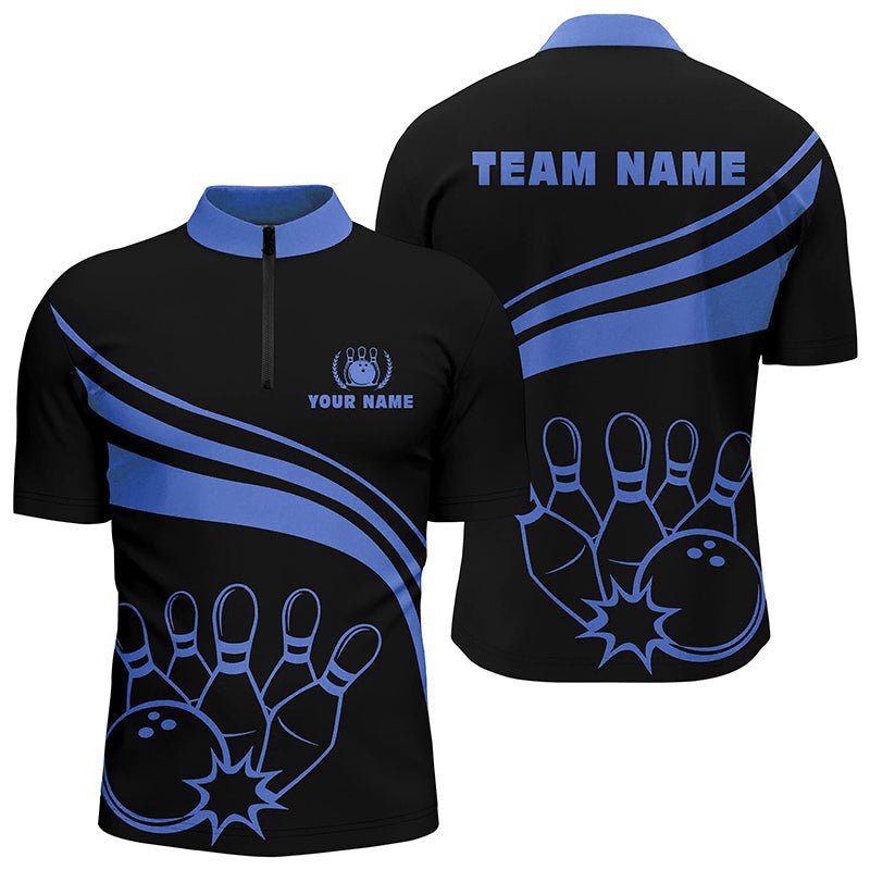 Personalisierte Bowling-Quarter-Zip-Shirts für Herren, schwarzes Bowling-Shirt für Herren, Team-Bowl-Jersey | Blau Q6924 - Climcat