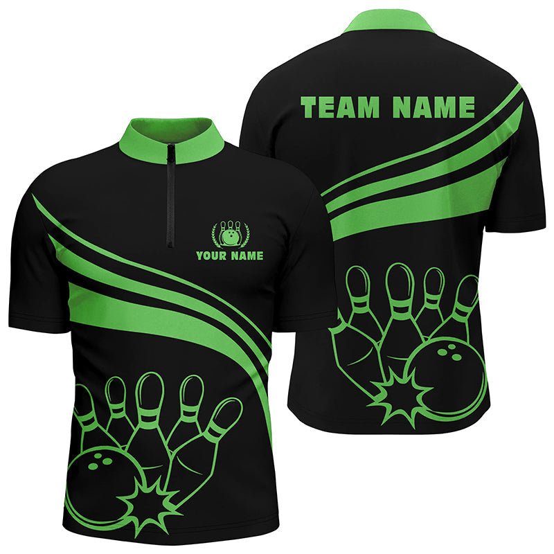 Personalisierte Bowling-Quarter-Zip-Shirts für Herren, schwarzes Bowling-Shirt für Herren, Team-Bowl-Jersey | Grün Q6925 - Climcat