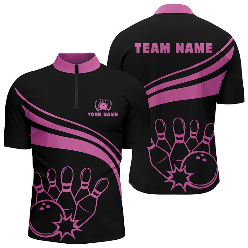 Personalisierte Bowling-Quarter-Zip-Shirts für Herren, schwarzes Herren-Bowling-Shirt, Team-Bowl-Jersey | Pink Q6923 - Climcat