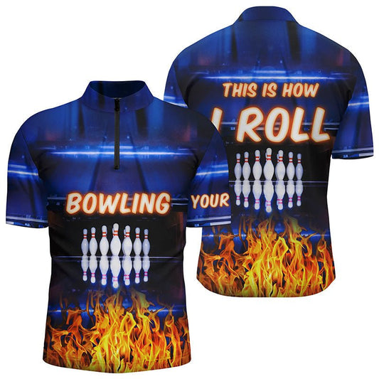 Personalisierte Bowling-Quarter-Zip-Shirts in Blau mit Flammenmuster für Herren - Das ist mein Bowling-Team-Shirt Q5634 - Climcat