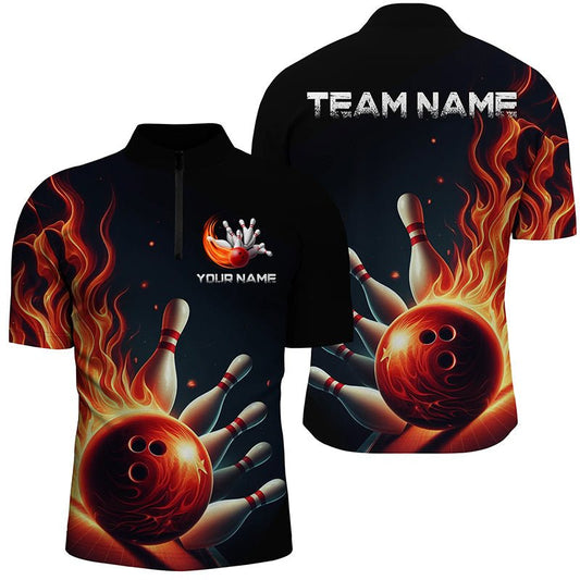 Personalisierte Bowling-Quarter-Zip-Shirts mit roter Flamme für Herren und Damen - Bowling-Teamtrikots P5405 - Climcat