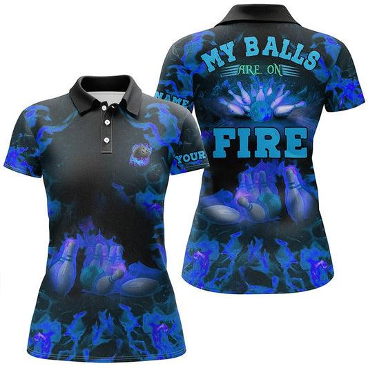 Personalisierte Bowling-Shirt Damen Blau Flamme - Mein Ball ist in Flammen - Individuelles Bowling Polo Hemd Q6457 - Climcat