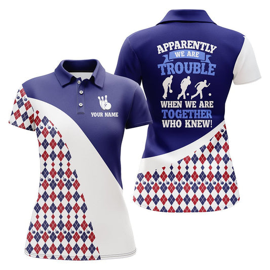 Personalisierte Bowling-Shirt für Damen, Blaues Argyle Bowling Trikot mit Namen Liga Damen Polo Shirt B175 - Climcat