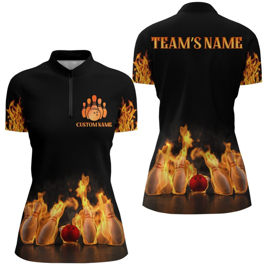 Personalisierte Bowling-Shirt für Damen - Feuerdesign mit Namen - Liga Damen Quarter-Zip Shirt N174 - Climcat