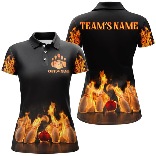 Personalisierte Bowling-Shirt für Damen - Flammen Bowling Trikot mit Namen - Liga Bowling Damen Polo Shirt B174 - Climcat