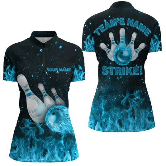 Personalisierte Bowling-Shirt für Damen, Flammen-Design, Strike Bowling Trikot für Team Liga Bowling, Viertelreißverschluss N179 - Climcat