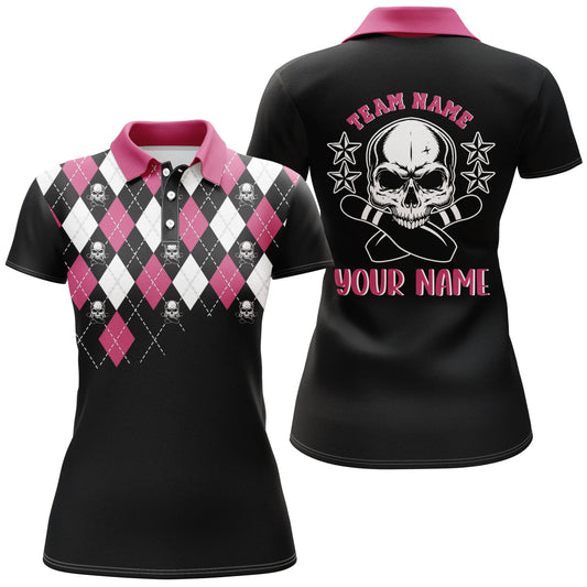 Personalisierte Bowling-Shirt für Damen in Pink mit Totenkopf, individuellem Namen und Teamnamen, Bowling-Polo-Shirt, Bowling-Jersey Q4690 - Climcat