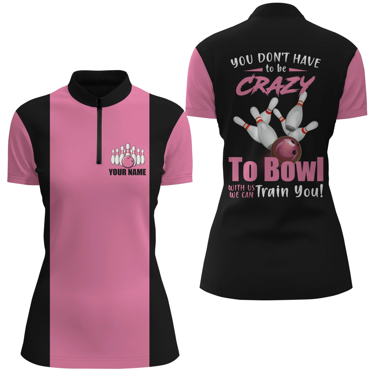 Personalisierte Bowling-Shirt für Damen in Pink mit Viertelreißverschluss - Wir machen dich zum Bowling-Profi! Q4689 - Climcat