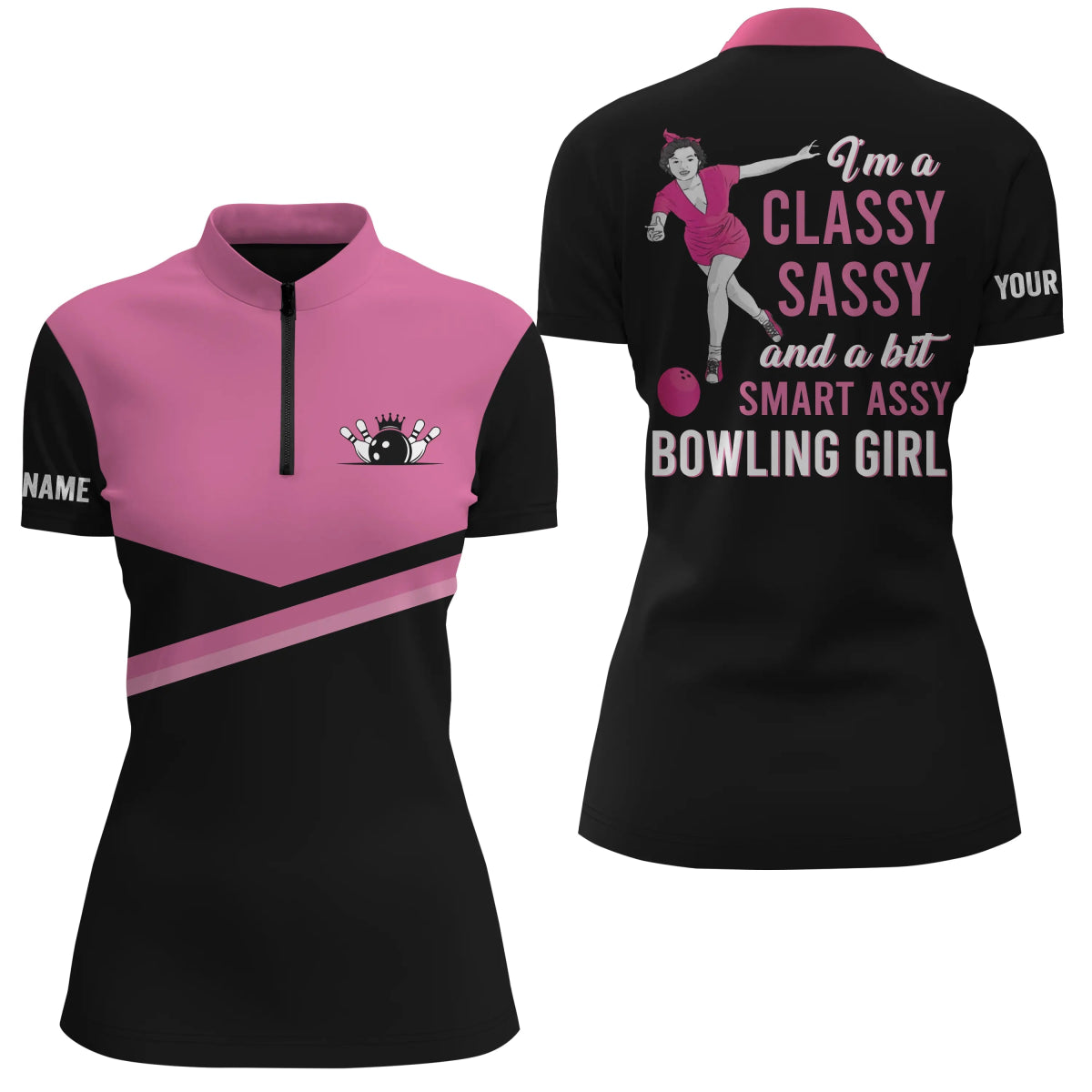 Personalisierte Bowling-Shirt für Damen in Pink mit Viertelreißverschluss - Zeige deine Klasse, Eleganz und ein bisschen frechen Charme beim Bowling - Modell Q4677 - Climcat