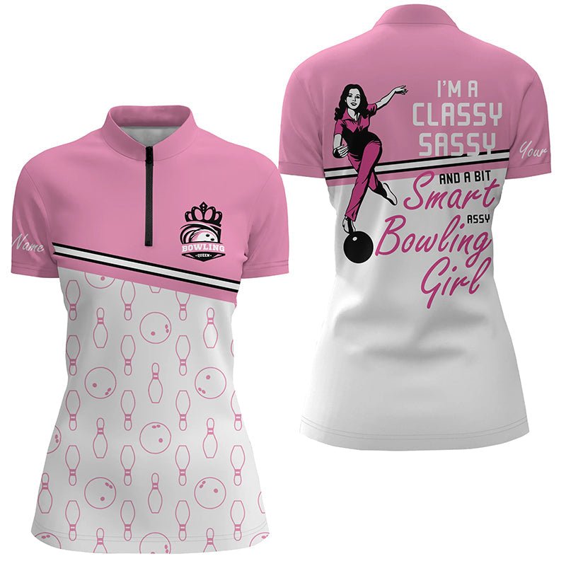 Personalisierte Bowling-Shirt für Damen in Pink | Viertelreißverschluss | Ich bin eine stilvolle, freche und etwas schlaue Bowling-Girl | Q5562 - Climcat