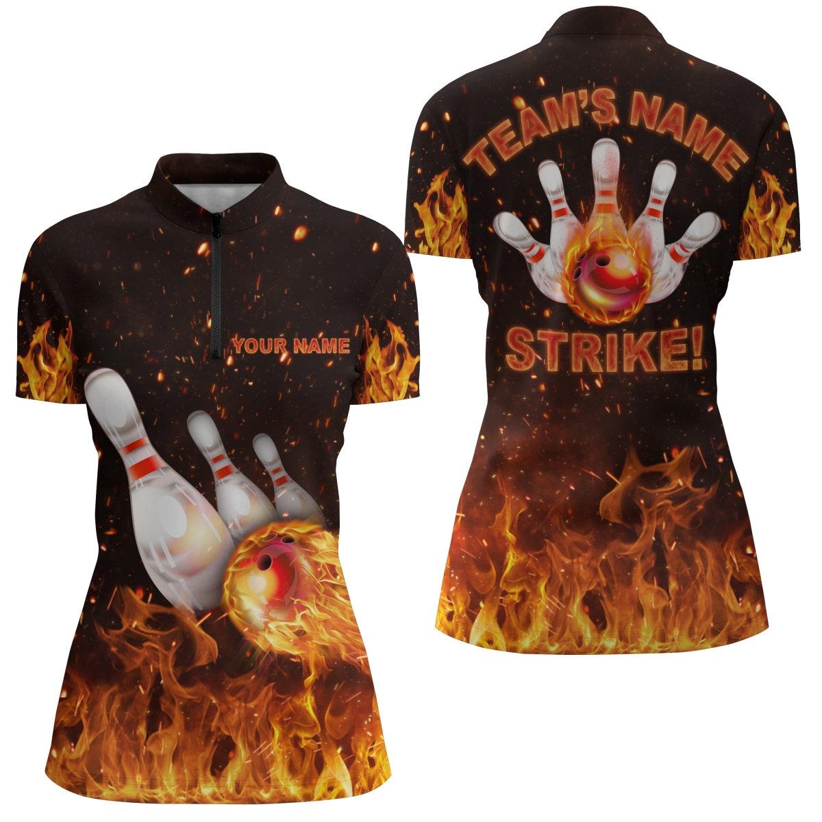 Personalisierte Bowling-Shirt für Damen mit Flammenmuster, Viertelreißverschluss Strike Bowling-Shirt für Teams, Damen Bowling N152 - Climcat