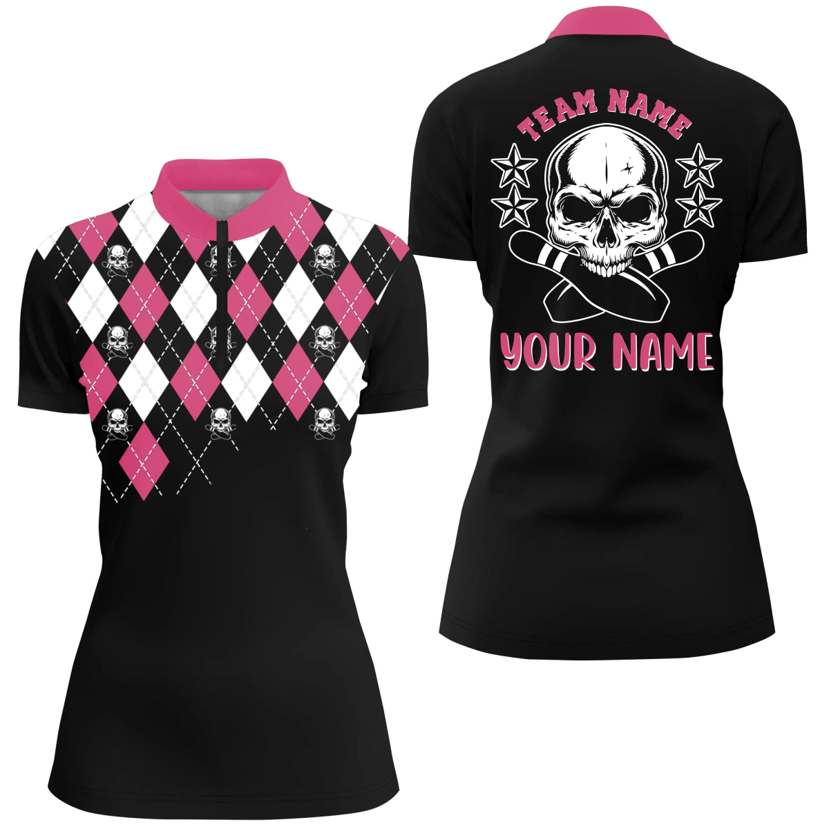 Personalisierte Bowling-Shirt für Damen mit pinkem Totenkopf, individuellem Namen und Teamnamen, Viertelreißverschluss, Bowling-Jersey Q4690 - Climcat