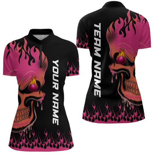 Personalisierte Bowling-Shirt für Damen mit pinker Flammenmuster, Viertelreißverschluss, Team Liga Trikots - Geschenk für Bowlerinnen Q6835 - Climcat