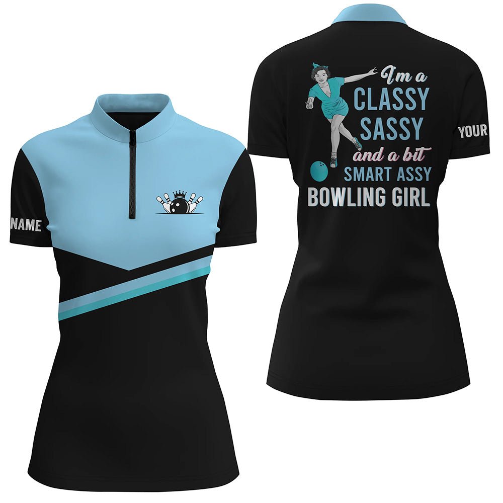 Personalisierte Bowling-Shirt für Damen | Schwarzes Blau | Viertelreißverschluss | Q5303 - Climcat