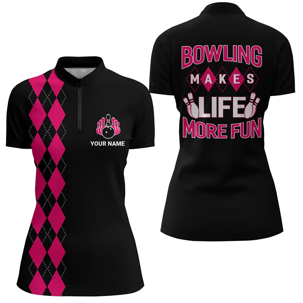 Personalisierte Bowling-Shirt für Damen, Schwarzes & Pinkes Damen Bowling Quarter-Zip Shirt, Bowling Mädchen Trikot N163 - Climcat