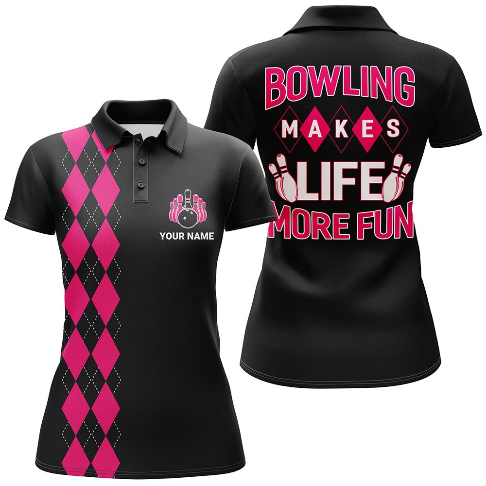 Personalisierte Bowling-Shirt für Damen, Schwarz&Pink Damen Bowling Polo Kurzarm, Bowling Mädchen Trikot B163 - Climcat