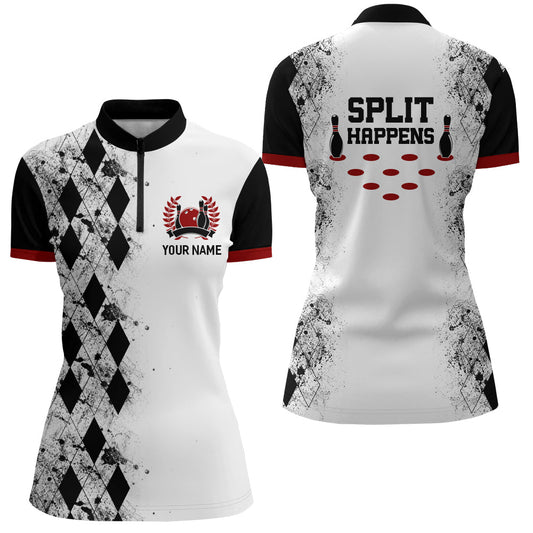 Personalisierte Bowling-Shirt für Damen - Split Happens Damen Bowling Trikot mit Namen - Lady Quarter-Zip N136 - Climcat