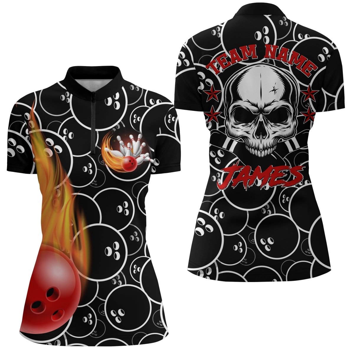 Personalisierte Bowling-Shirt für Damen, Viertel-Reißverschluss Bowling-Shirt mit Namen, Skull Black Bowling Trikot N02 - Climcat