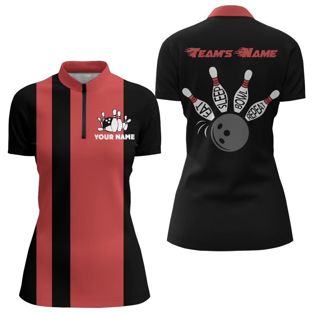 Personalisierte Bowling-Shirt für Damen, Vintage Damen Bowling Quarter-Zip Shirt für Team Eat Sleep Bowl N164 - Climcat