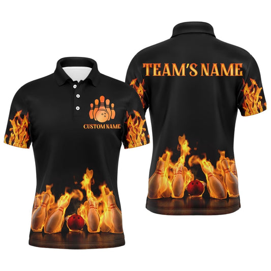 Personalisierte Bowling-Shirt für Herren, Flammen Bowling Trikot mit Namen, Liga Bowling Team Polo Shirt B174 - Climcat