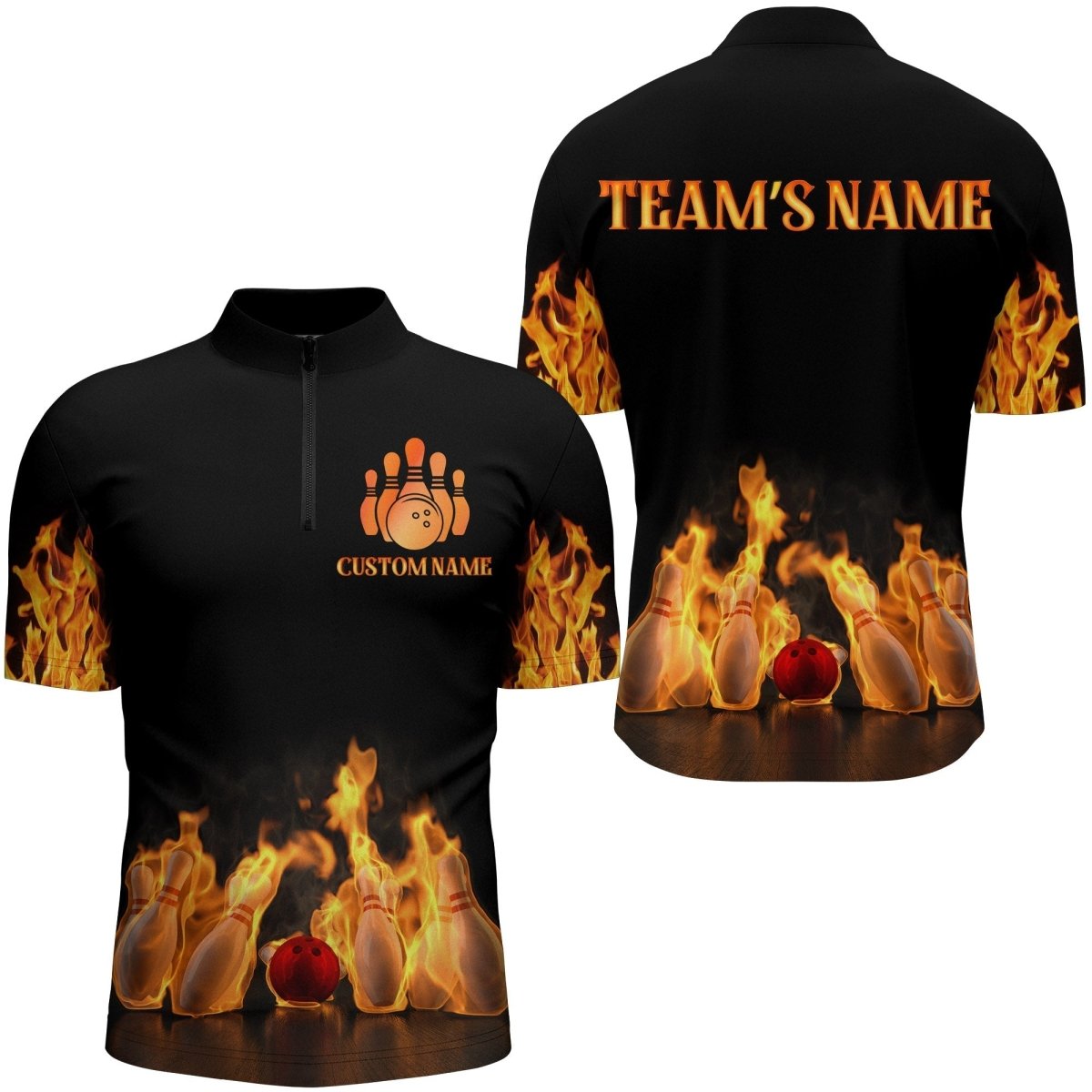 Personalisierte Bowling-Shirt für Herren, Flammen Bowling Trikot mit Namen, Liga Bowling Viertel-Zip Shirt N174 - Climcat