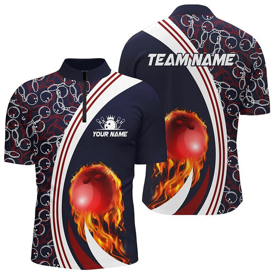 Personalisierte Bowling-Shirt für Herren | Individuelles Camo-Flammen-Bowlingkugel-Feuer-Bowling-Team-Liga-Trikot | Navy Q6716 - Climcat